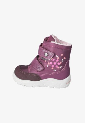 Stivaletto invernale per bambini viola con suola bianca, due strap in velcro, motivo a stelle rosa e morbido rivestimento in pile rosa.