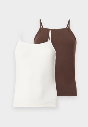 Zwei ärmellose Damen-Camisole-Tops mit dünnen Trägern, eines weiß vorne und eines braun hinten, vor einem schlichten Hintergrund.