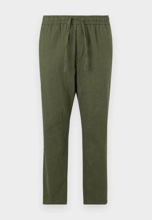 Olivengrønne, lette bukser med snor i livet, rett ben design og myk tekstur. Enkel og funksjonell stil.