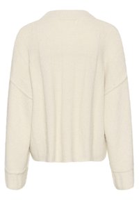 Ivory sweter dziany o teksturze prążkowanej, z szerokimi rękawami i luźnym krojem. Widok z tyłu ukazuje prosty fason bez ozdób.