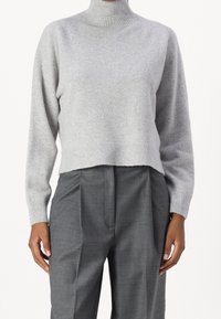 Hellgrauer Rollkragenpullover aus weichem Stoff, kurz geschnittenes Design, mit gerippten Bündchen und Saum, kombiniert mit grauer Stoffhose.