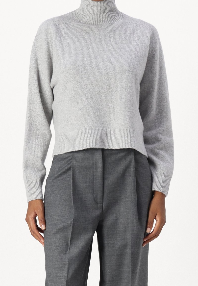 Maglione dolcevita grigio chiaro in tessuto morbido, design corto, polsini e orlo a coste, abbinato a pantaloni in tessuto grigio.