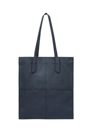 Navyfarbene Ledertaschen mit zwei flachen Griffen, rechteckiger Form, nahtlosem Design und genähten Akzenten auf der Vorderseite. Geeignet für verschiedene Anwendungen.
