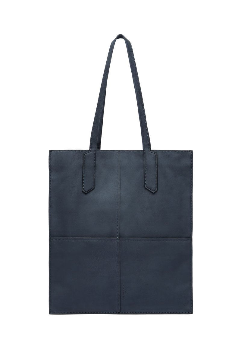 Borsa a spalla in pelle blu navy con due manici piatti, forma rettangolare, design senza cuciture e dettagli cuciti sul davanti. Adatta a vari utilizzi.