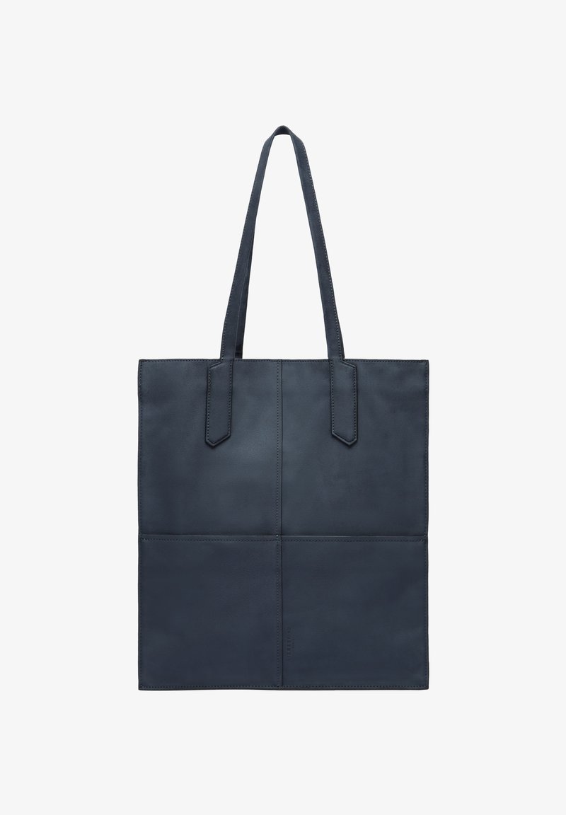 Borsa a spalla in pelle blu navy con due manici piatti, forma rettangolare, design senza cuciture e dettagli cuciti sul davanti. Adatta a vari utilizzi.