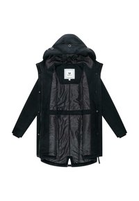 Svart vinterjacka med huva, med quiltat inre foder, dragkedja framtill och tryckknappar, samt varumärkesetikett inuti övre ryggen.