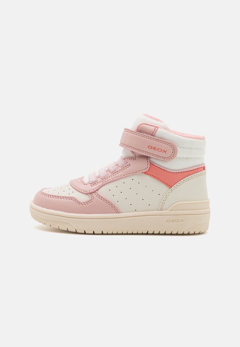 Hoge sneakers in wit en roze leer, met geperforeerde details, een klittenbandsluiting en een getextureerde rubberen zool. Merkanaam op de band.