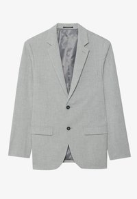 Hele hall blazer tekstureeritud kangaga, kahel eesmisel taskul ja kahe nupuga. Sisevooder on sile ja hall ning traditsioonilised särgikaelad.