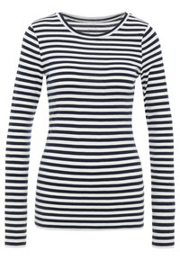 Långärmad skjorta i marinblå och vita horisontella ränder. Blandad bomullstyg, rund halsringning, figurnära passform, med subtilt strech.