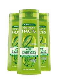 Bottiglia di shampoo in plastica verde con tappo a pompa, decorata con grafiche a foglia e dettagli del prodotto in testo bianco e verde, etichettata per il controllo della forfora.