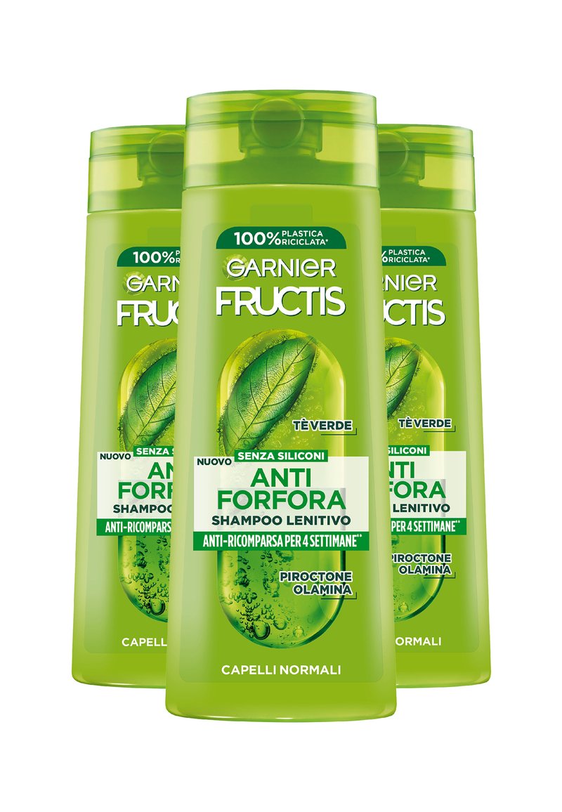 Bottiglia di shampoo in plastica verde con tappo a pompa, decorata con grafiche a foglia e dettagli del prodotto in testo bianco e verde, etichettata per il controllo della forfora.