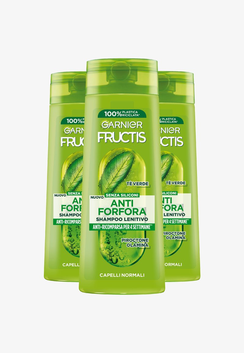 Bottiglia di shampoo in plastica verde con tappo a pompa, decorata con grafiche a foglia e dettagli del prodotto in testo bianco e verde, etichettata per il controllo della forfora.