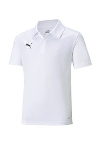 Witte polo met een gladde stof, voorzien van een klassieke kraag, korte mouwen en een zwart Puma-logo op de linkerkant van de borst.