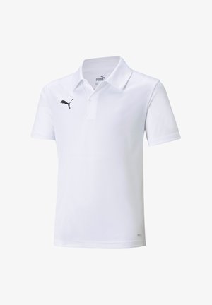 Polo bianco realizzato in tessuto liscio, con colletto classico, maniche corte e un logo Puma nero sul lato sinistro del petto.