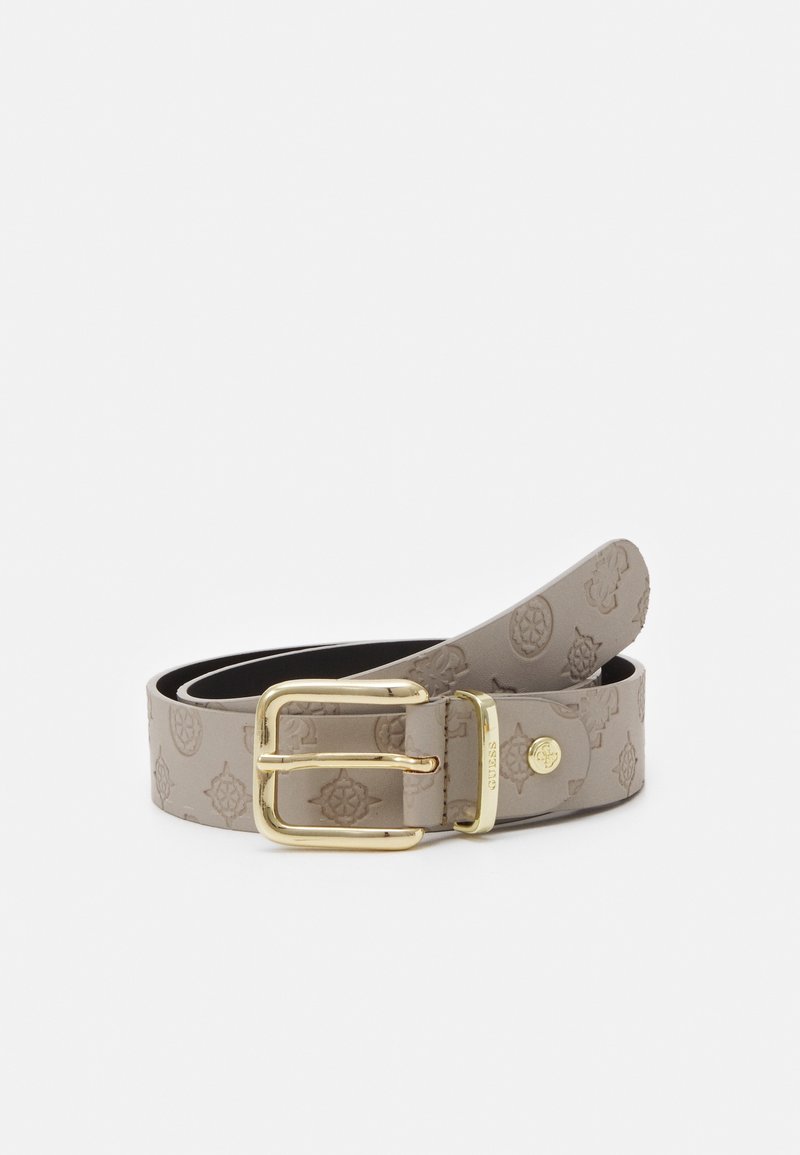 Ceinture en cuir beige clair avec des motifs floraux embossés et une boucle rectangulaire dorée, roulée avec la boucle tournée vers l'avant.