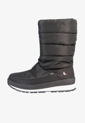 Czarne ocieplane buty zimowe z wyściółką, gładką teksturą i gumową podeszwą. Charakteryzują się białą linią akcentującą oraz logo marki.