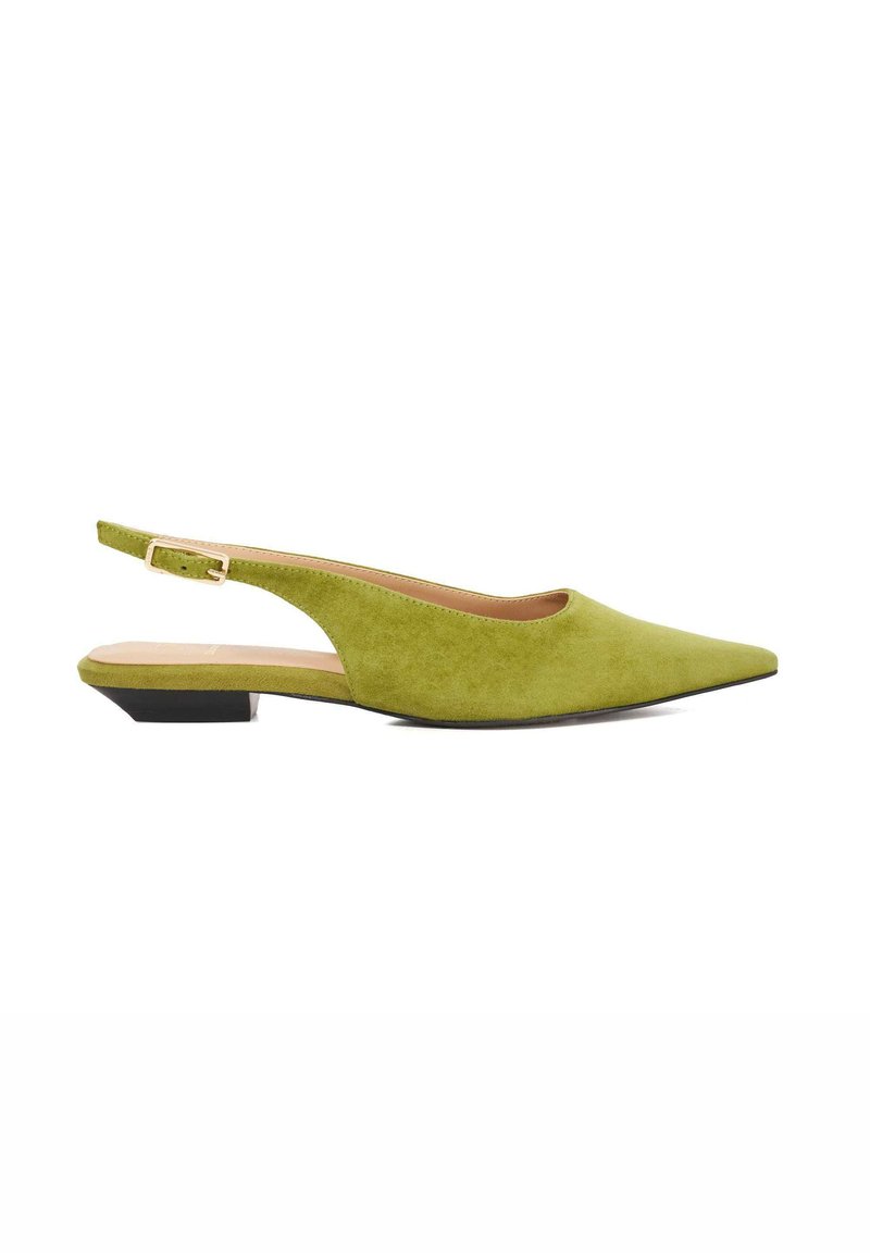 Green suede slingback flats with a pointed toe and a small black heel. Adjustable strap with a metallic buckle detail.