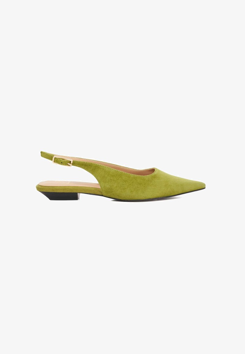 Green suede slingback flats with a pointed toe and a small black heel. Adjustable strap with a metallic buckle detail.