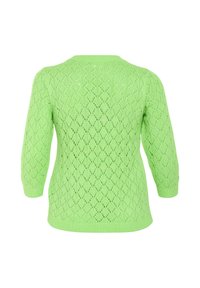 Sweter z dzianiny koronkowej w jasnym zielonym kolorze, z wzorem w diamenty, rękawami o długości trzech kwart i okrągłym dekoltem.