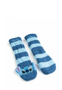 Blue striped socks with a textured knit design. Features a character face at the toe and accented with light blue ears.