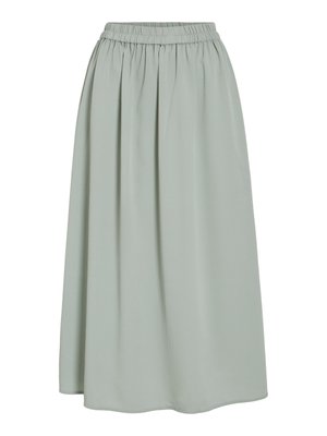 Fustă midi evazată din material verde deschis, cu talie elastică și design pliat. Textură netedă, cu o siluetă fluidă.