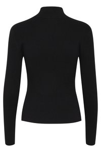 Maglione nero a collo alto a coste con maniche lunghe, caratterizzato da un design aderente e una texture liscia. Nessun accento o hardware visibile.