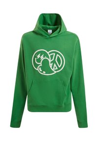 Sudadera verde con capucha, bolsillo frontal y un gráfico blanco de un símbolo de paz, una cara sonriente y un corazón superpuestos en el pecho.