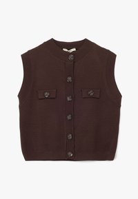 Gilet in maglia senza maniche di color marrone con scollatura rotonda, chiusura frontale con bottoni e due tasche sul petto. Presenta bottoni marroni coordinati e un orlo a coste.