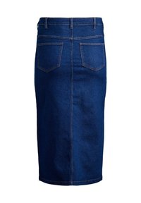 Jeans krilo v svinčenem slogu z temno modrim odtenkom, dvema zadnjima žepoma in ravnim robom. Ima vidno šivanje in visok pas.