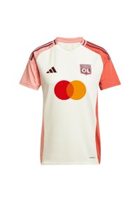 Maillot à manches courtes blanc et rose avec une texture en mesh, arborant le logo de l'Olympique Lyonnais et un grand logo Mastercard rouge et orange.