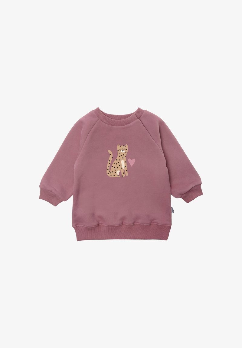 Rosa Sweatshirt mit rundem Halsausschnitt und Raglanärmeln. Verfügt über ein Cartoon-Design eines Leoparden und ein Herz, aus weichem Textilmaterial gefertigt.
