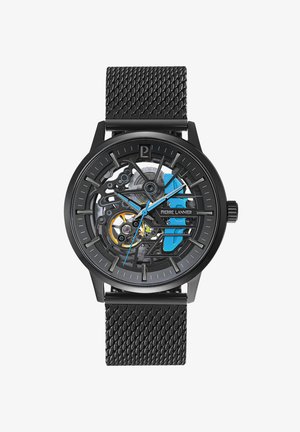 Orologio scheletro nero con cinturino in maglia metallica, caratterizzato da accenti blu, ingranaggi intricati e un quadrante trasparente che rivela il meccanismo interno.
