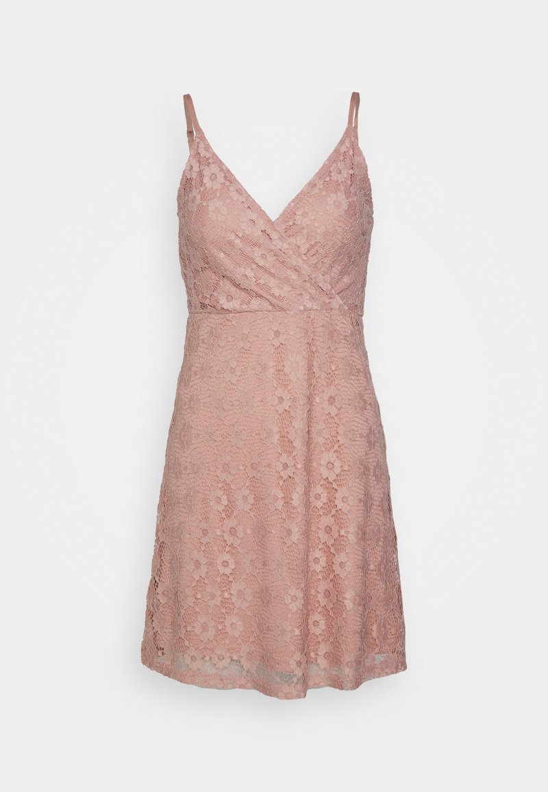 Robe en dentelle rose clair sans manches avec motif floral, col en V et bretelles ajustables.