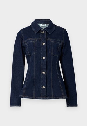 Veste en denim bleu foncé avec une coupe ajustée, un col pointu, une fermeture à boutons à l'avant et deux poches poitrine. Coutures contrastantes visibles.