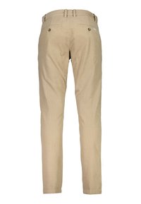 Beige trousers with a textured finish, featuring back pockets with rounded flaps and metal buttons, and a fitted waistband with belt loops.