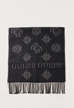 Черен шал със сребърни декоративни мотиви, име на марката "GUESS" и ресни по долния край.