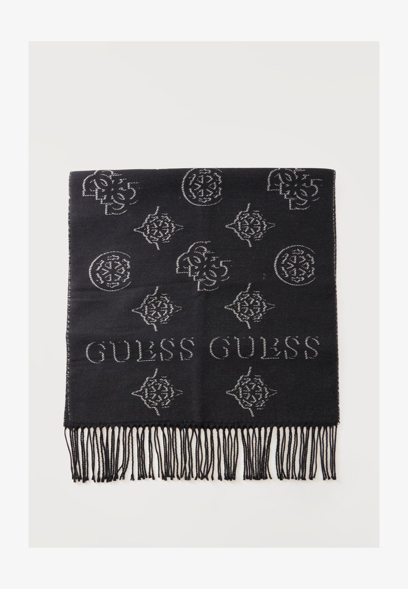 Écharpe noire avec des motifs décoratifs argentés, nom de la marque "GUESS", et des franges le long du bord inférieur.