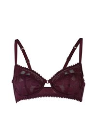 Reggiseno in pizzo bordeaux con coppe semitrasparenti, motivo floreale, spalline regolabili e bordo ondulato lungo i lati. Presenta un accentuato hardware frontale.