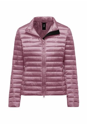 Giacchetto imbottito trapuntato color lavanda chiaro con maniche lunghe, cerniera frontale e collo alla coreana, mostrato su sfondo bianco.