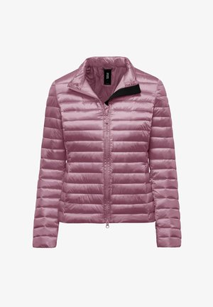 Jasnofioletowa pikowana kurtka puchowa z długimi rękawami, suwakiem z przodu i stojącym kołnierzem, na białym tle.