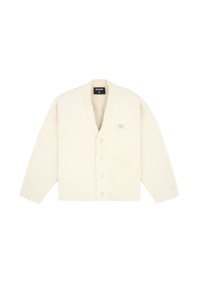 Cardigan color crema realizzato in tessuto morbido, con scollo a V, maniche lunghe, sei bottoni e un piccolo logo sul lato sinistro del petto.