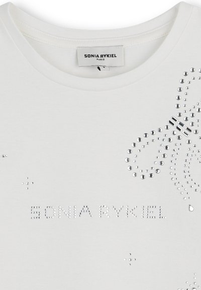Witte katoenen t-shirt met glanzende studs en de merknaam "Sonia Rykiel" in kristallen versieringen, ronde halslijn.