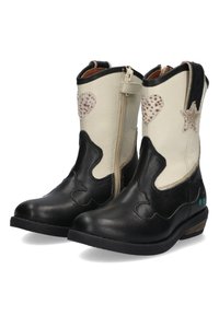 Zwarte leren cowboylaarzen in stijl met crèmekleurige panelen, hart- en steraccenten, een zijrits en een geprofileerde zool. Korte enkelhoogte.