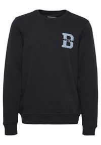 Felpa blu scuro con collo rotondo, maniche lunghe, polsini a coste e una lettera "B" ricamata di colore azzurro chiaro sul petto.