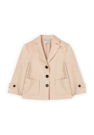 Beige cropped blazer med notch-revers, tre sorte knapper foran, to påsyede lommer og knapstroplukning på lange ærmer.