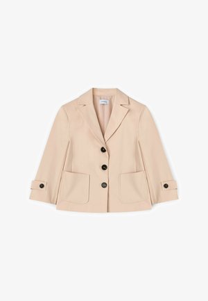 Beige cropped blazer med notch-revers, tre sorte knapper foran, to påsyede lommer og knapstroplukning på lange ærmer.