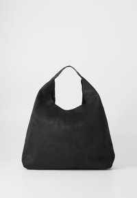 Soft black suede shoulder bag with a wide curved handle and a slouchy, spacious body on a plain white background.