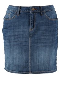 Jeanskjol i mörkblått, figurnära design med rak silhuett, femfickors-stil och framknäppning med kontrast-söm.