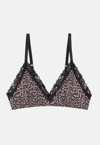 Reggiseno in stampa leopardata in tessuto morbido, con bordo in pizzo nero, spalline regolabili e un design triangolare. La palette di colori include beige e nero.
