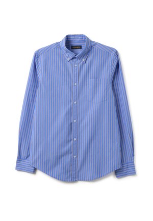Camicia button-up di colore azzurro chiaro con strisce verticali bianche e arancioni. Presenta un colletto a punta e una tasca sul petto. Maniche lunghe.
